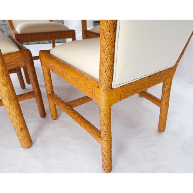 Leather Basket Weave Wicker Style Square Dining Room Table 4 Chairs Glass Top For Sale - Image 15 of 18