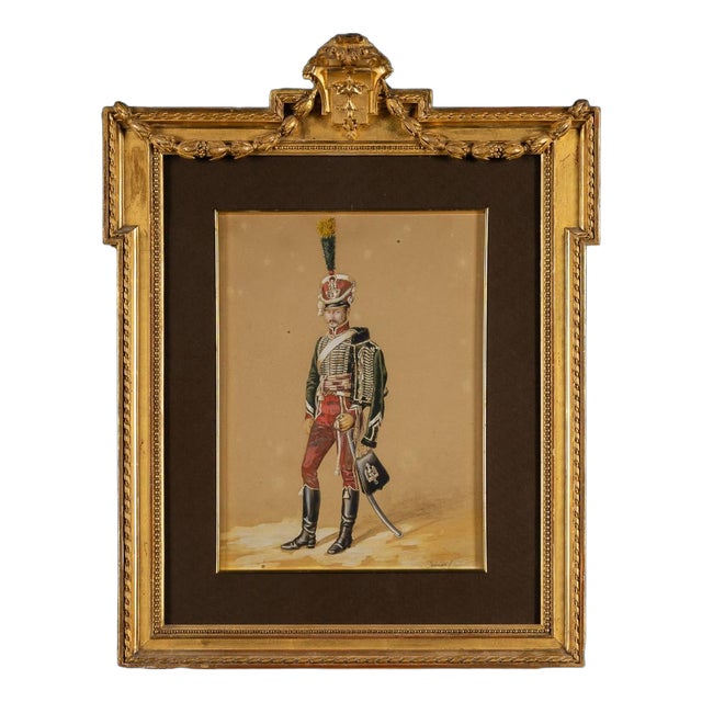Emmanuel Grammont, Hussar of the Kingdom of Naples, Watercolor, 19th Century For Sale
