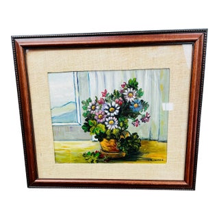 Vintage Oil Painting Still Life Colorful Pansies Flowers in Pot Signed Caiazzo For Sale