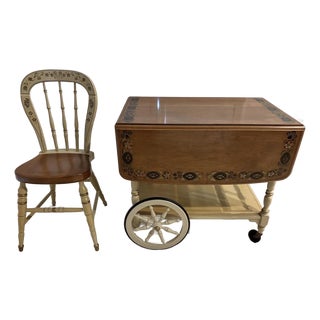 Vintage Ethan Allen Stenciled Drop Leaf Tea Cart and Chair For Sale
