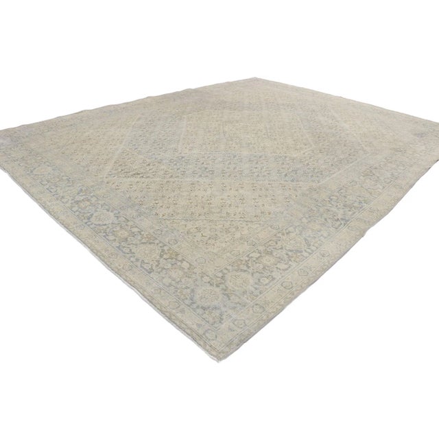 Distressed Vintage Persian Mahi Tabriz Rug with English Country Cottage Style 09'03 x 12'02. Light and airy with rustic...