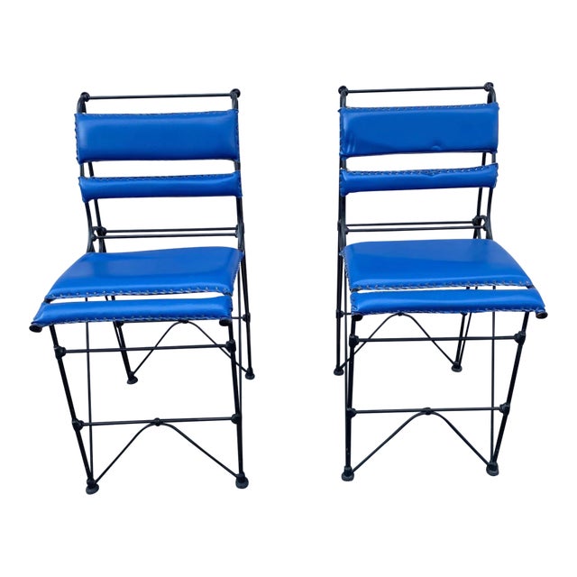 Chic Vintage Mid-Century Ilana Goor Style Counter Height (36” High Counter) Iron Stools - A Pair -in Blue Faux Leather For Sale