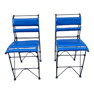 Chic Vintage Mid-Century Ilana Goor Style Counter Height Iron Stools - A Pair -in Blue Faux Leather For Sale