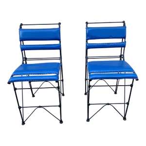 Counter Stools : Chic Vintage Mid-Century Ilana Goor Style Counter Height (36” High Counter) Iron Stools - A Pair -in Blue Faux Leather