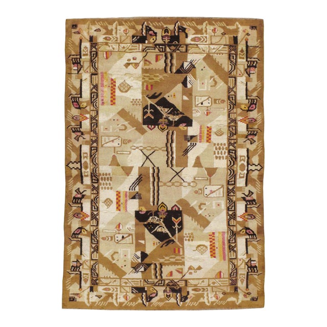 Galerie Shabab Collection Mid-20th Century Indian Art Deco Rug Inspired by Edward McKnight Kauffer For Sale