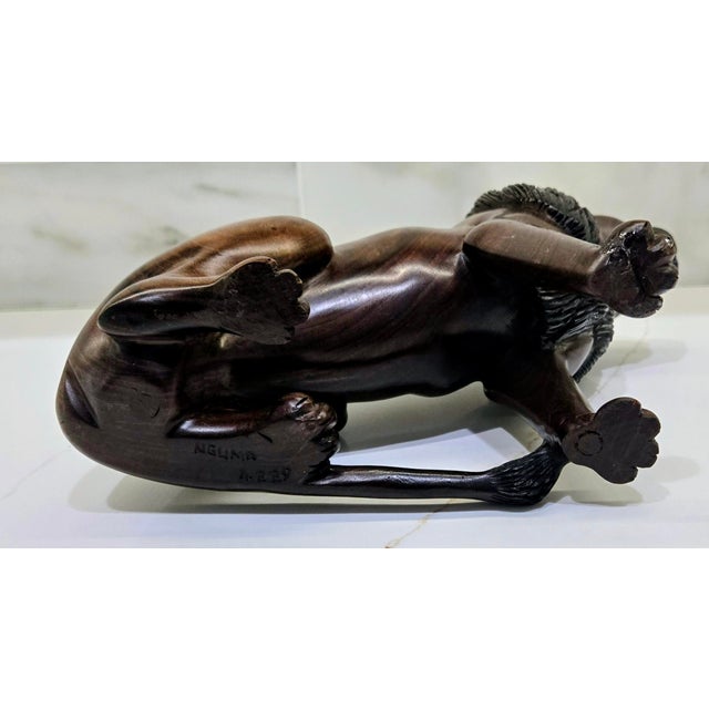 Brown Vintage African Hand-Carved Hardwood Lion Sculpture by Nguma For Sale - Image 8 of 10