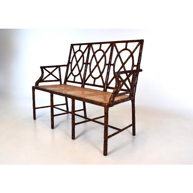 Faux Bamboo Settee With Leather Cushion, Tortoise Shell Finish For Sale - Image 4 of 15