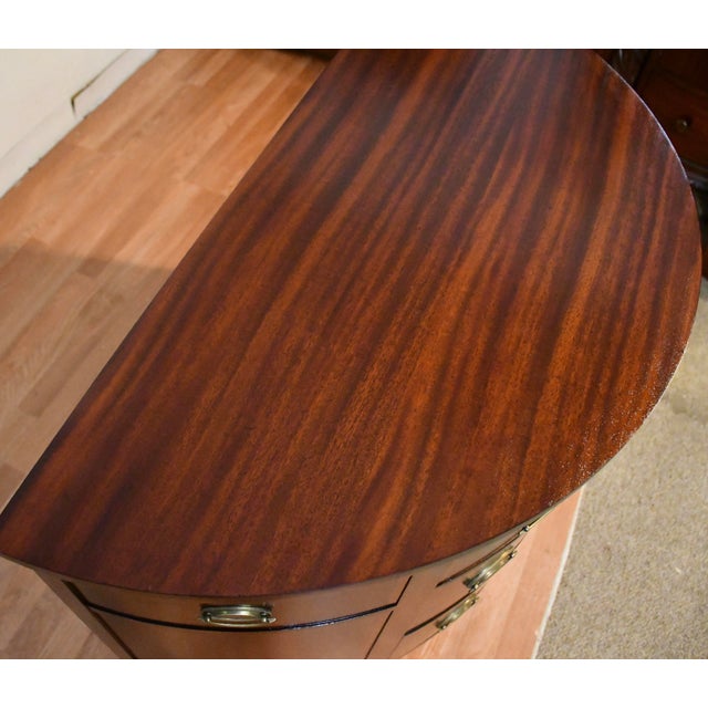 Traditional 1920s Antique English Regency Flame Mahogany Banded Satinwood Half-Moon Demi-Lune For Sale - Image 3 of 16