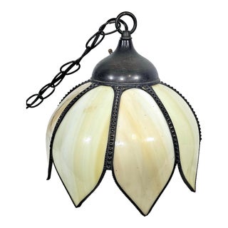 Mid Century Slag Glass Tulip Pendant Light For Sale