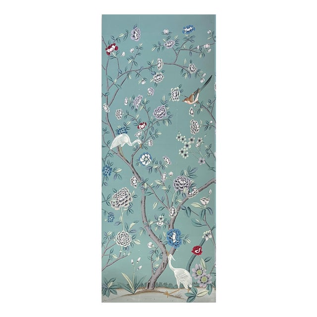 Hand Painted Teal Chinoiserie Blossom Egret Bird Mural Panel For Sale
