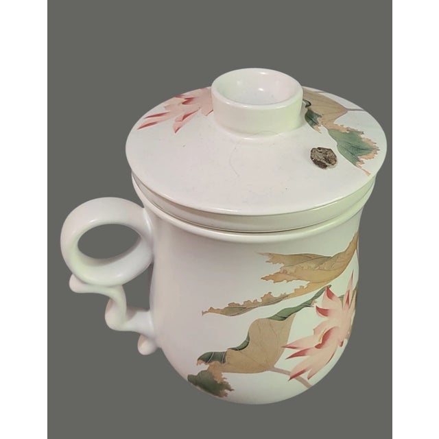 Vintage Tea Cup With Infuser & Lid Painted Lily Pod Bird Lotus Flower by Chang Hsitsun Design For Sale - Image 4 of 7