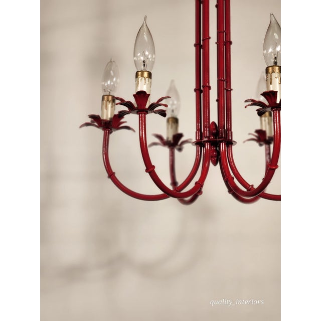 Red Vintage Faux Bamboo Pagoda Hollywood Regency Birdcage 6 Light Chandelier For Sale - Image 8 of 12