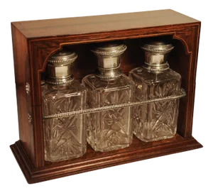 Antique Victorian Burr Walnut and Continental Silver Tantalus with Cut Glass Decanters, Set of 4