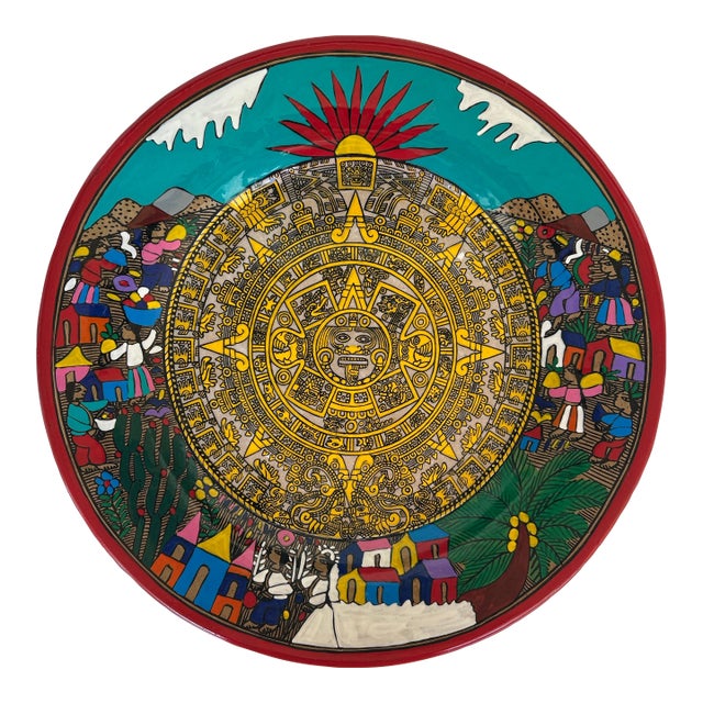 Vintage Hand Painted Terracotta Mexican Wedding Plate With Aztec Calandar For Sale