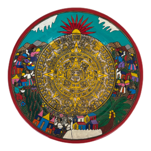 Vintage Hand Painted Terracotta Mexican Wedding Plate With Aztec Calandar