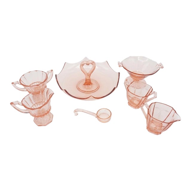 Early 20th Century Curated Pink Depression Glass Hostess Collection - 7 Piece For Sale