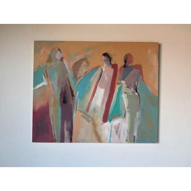Large vintage contemporary abstract figurative painting featuring three expressive figures rendered in soft earth tones...