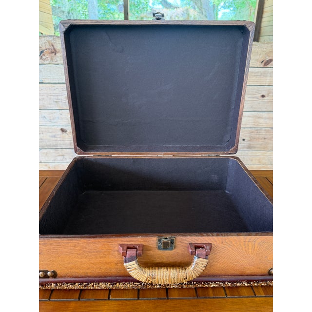 Wood Vintage Rattan Wrapped Decorative Suitcase Trunk For Sale - Image 7 of 12