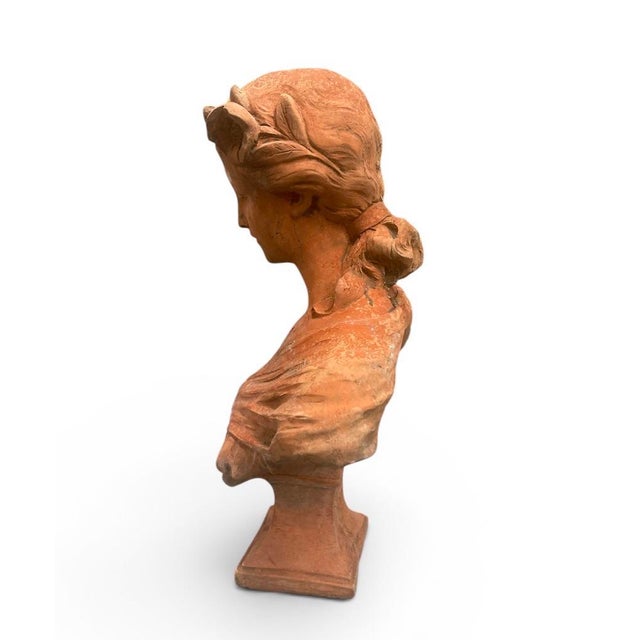 Vintage Terracotta Bust of a Young Woman With Floral Headdress For Sale - Image 4 of 9