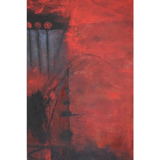 Abstract expressionist painting in shades of red, gray, and black. Acrylic on canvas, circa late 20th C.- early 21st C....