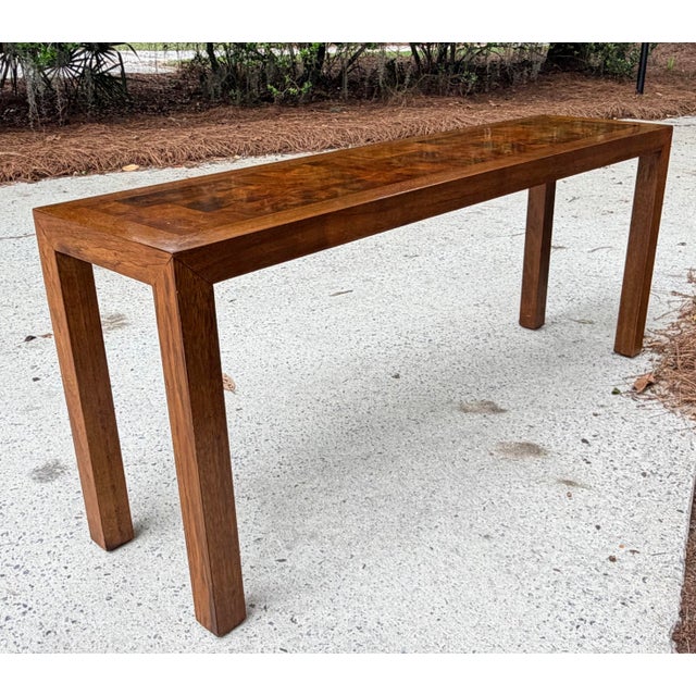 Long Parsons Style Walnut Sofa Table With Burl Walnut Top For Sale - Image 4 of 11