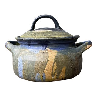 Vintage Aboriginal Studio Pottery Drip Glaze Lidded Bowl For Sale