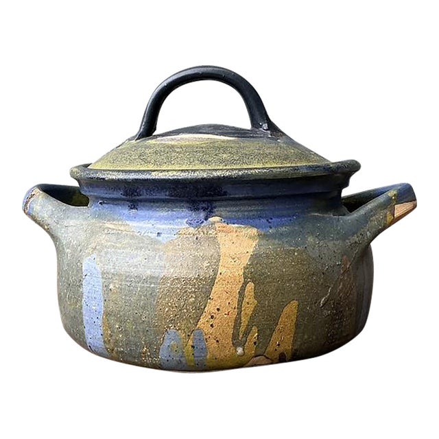 Vintage Aboriginal Studio Pottery Drip Glaze Lidded Bowl For Sale