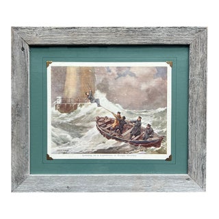 Landing on a Lighthouse in Rough Weather Chromolithograph Print, C. 1920 For Sale