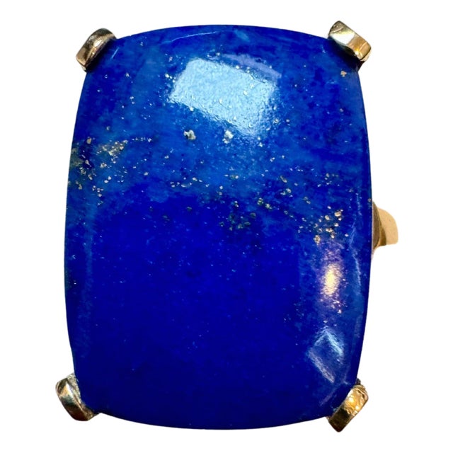 13 Ct Emerald cut Natural Lapis Lazuli Ring in 14 Kt Yellow Gold, Estate Size 8 For Sale