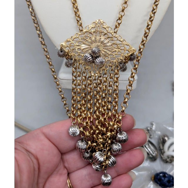 Metal Vintage 1970s Signed Napier Goldtone & Silvertone Pendant Dangle Necklace For Sale - Image 7 of 10