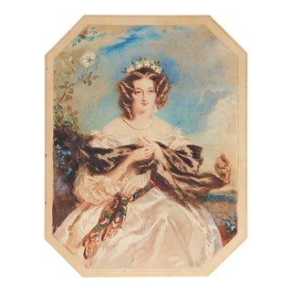 Antique Mid 19th Century Watercolor Portrait Painting of Young Woman For Sale
