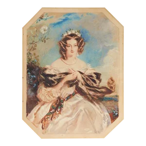 Antique Mid 19th Century Watercolor Portrait Painting of Young Woman