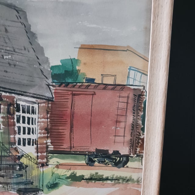 Midcentury Watercolor 1950's the Railroad Station Super Cool For Sale - Image 4 of 6