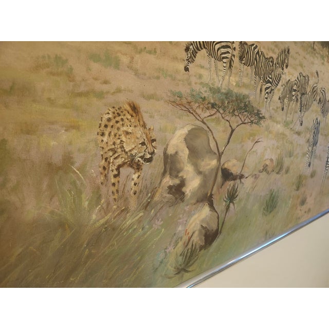 Enormous well executed African Savannah scene featuring Zebra herd in foreground. Artist W Hendricks is from South Africa...