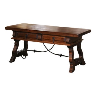 Mid-Century Spanish Carved Walnut Cocktail Coffee Table With Drawers For Sale