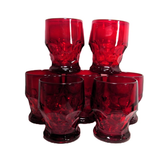 Mid-Century Modern Vintage Ruby Glass Anchor Hocking Honey Comb Tumblers- Set of 7 For Sale - Image 3 of 12