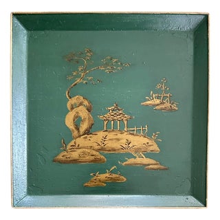 Vintage Chinoiserie Gilt & Teal Green Tole Peinte Square Vide Poche / Valet / Tray With Hand Painted Pagoda Detailing, Circa 1960 For Sale