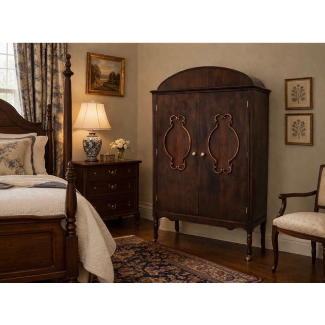 1930s Antique Art Deco Mahogany Chifforobe — Cedar Lining, Carved Doors, Brass Casters, C. 1930s–1940s For Sale - Image 5 of 11