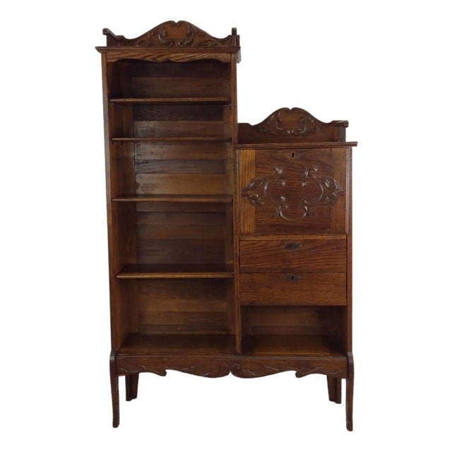 Antique Oak Side by Side With Bookcase and Drop Front Writing Desk For Sale