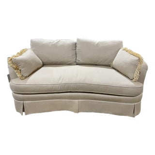 Sherrill Skirted Loveseat in Neutral Beige With Fringe Accent Pillows For Sale