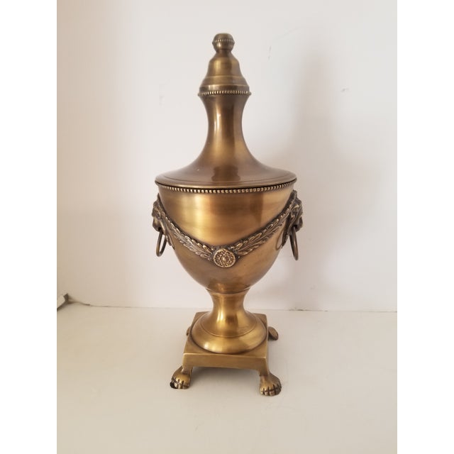 Brass Antique Brass Four Footed Ringed Lion Head Urn For Sale - Image 8 of 8