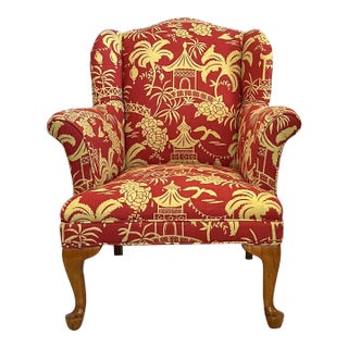 Diminutive Chinoiserie Newly Reupholstered Linen Toile Wingback Chair For Sale