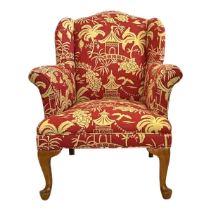 Diminutive Chinoiserie Newly Reupholstered Linen Toile Wingback Chair