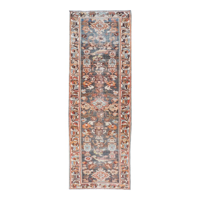 Antique Persian Hamedan Runner in All-Over Floral Design in Brown, Orange, Ivory 3'2"x9'9" For Sale