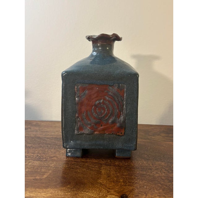 Vintage Mid-Century Studio Ceramic Vase, Sculptural Blue Glaze For Sale - Image 4 of 7