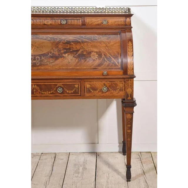 Sheraton Revival Marquetry Inlaid Cylinder Desk For Sale - Image 4 of 18