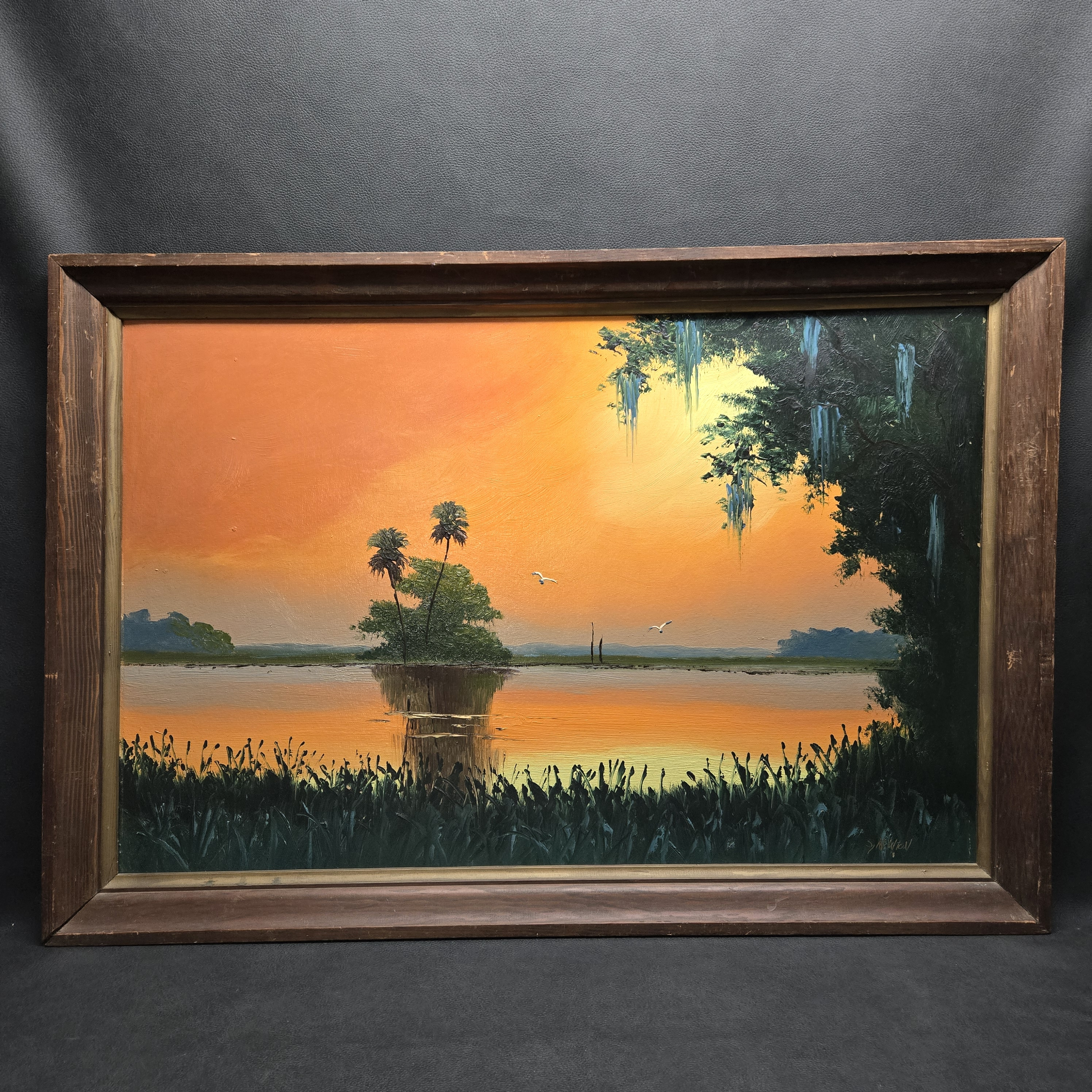 絵画　レジン　約束　スラム街の少年と少女（ガーネット,サンストーン水晶） 1990s Original Florida Highwaymen Landscape Painting by Sam Newton