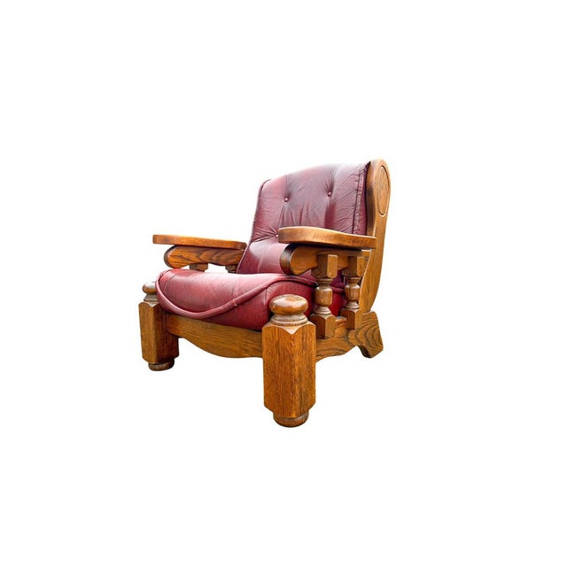 Brutalist Dutch Oak and Red Leather Lounge Chair, 1970s For Sale - Image 4 of 11