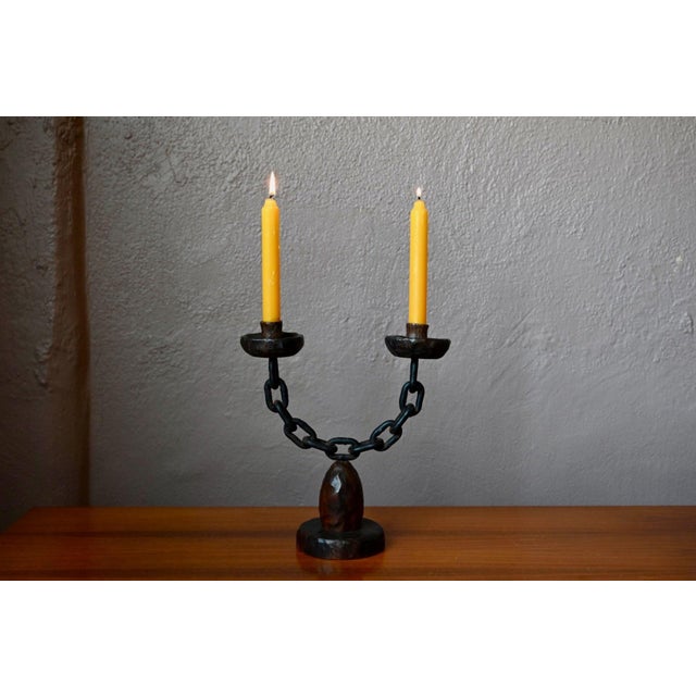Brutalist Double Candelabra in Carved Wood and Wrought Iron, 1960s For Sale - Image 10 of 10