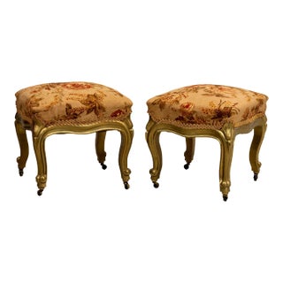 Antique Floral Upholstered Wood Footstools or Benches - A Pair For Sale